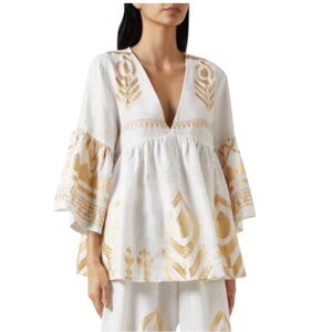 Greek Archaic Kori Tunic Top Shirt Womens Medium Cream Gold Embroidered V-Neck